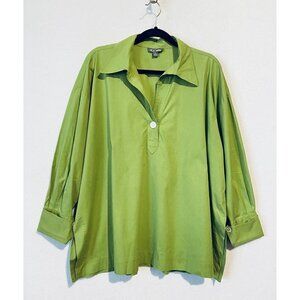 Go Silk Tunic Womens Large Popover Top French Cuffs Stretch Cotton Green
